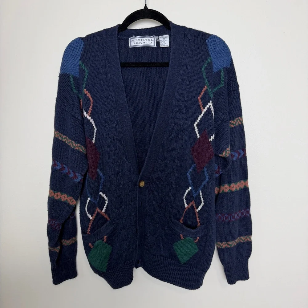 Grandpa style vneck cardigan argyle stripe pattern 100%natural fiber size M